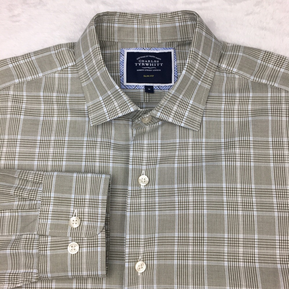 Charles Tyrwhitt Shirt Mens Medium Green‎ Plaid Slim Fit Contrasting Trim
